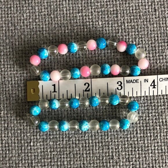 Handmade Glass Bracelets Round Flower Beads Blue Clear Pink Brown, 5.75 to 6.5'' - Picture 11 of 16